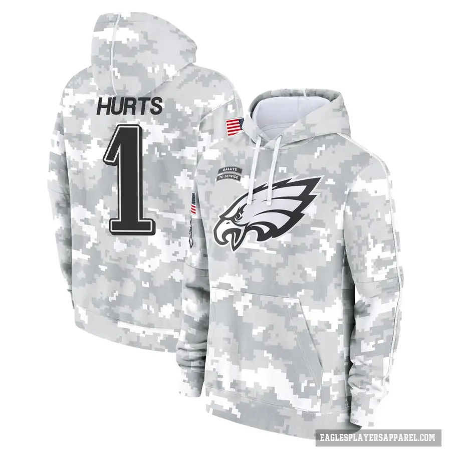 Men's ＃1 Jalen Hurts Philadelphia Eagles Arctic Camo 2024 Salute to Service Club Fleece Pullover Hoodie