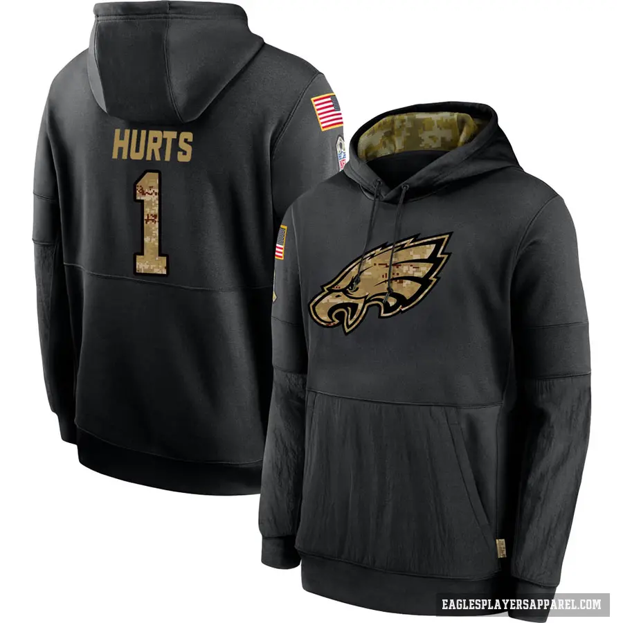 Men's ＃1 Jalen Hurts Philadelphia Eagles Black 2020 Salute to Service Sideline Performance Pullover Hoodie