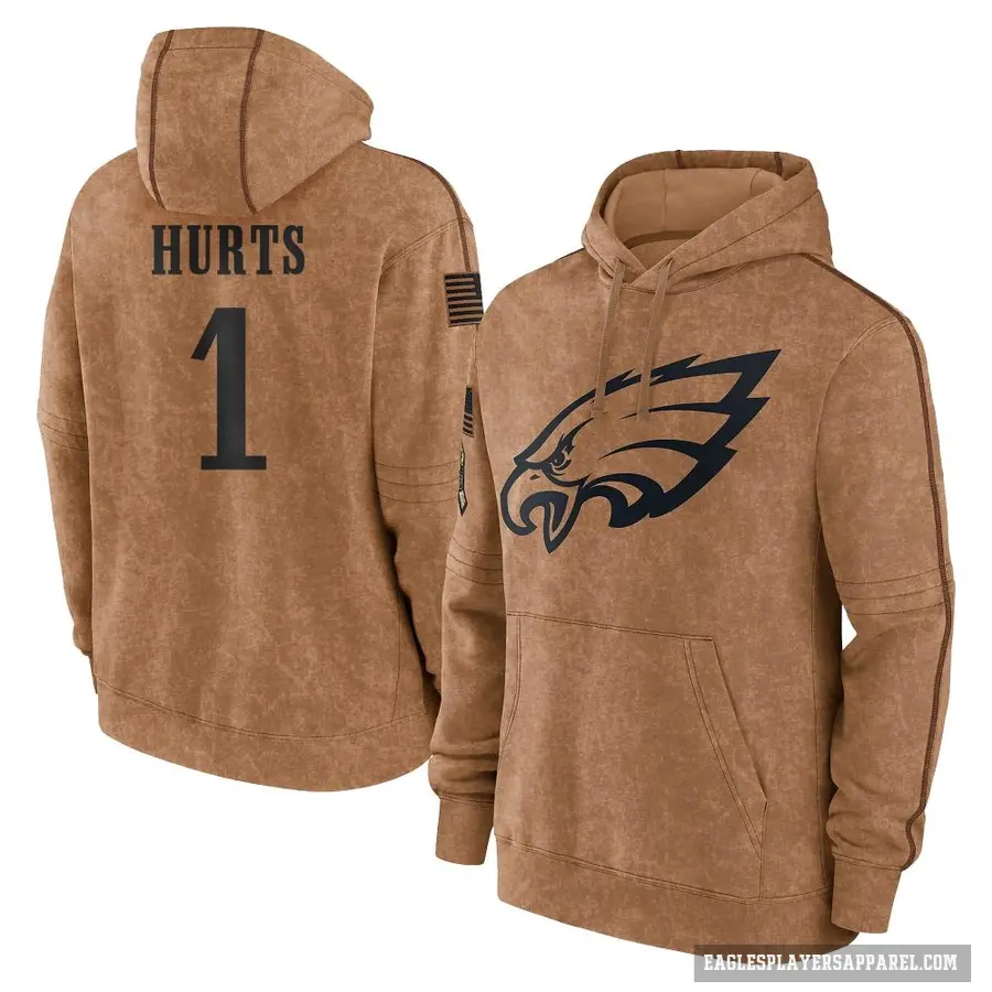 Men's ＃1 Jalen Hurts Philadelphia Eagles Brown 2023 Salute To Service Club Pullover Hoodie