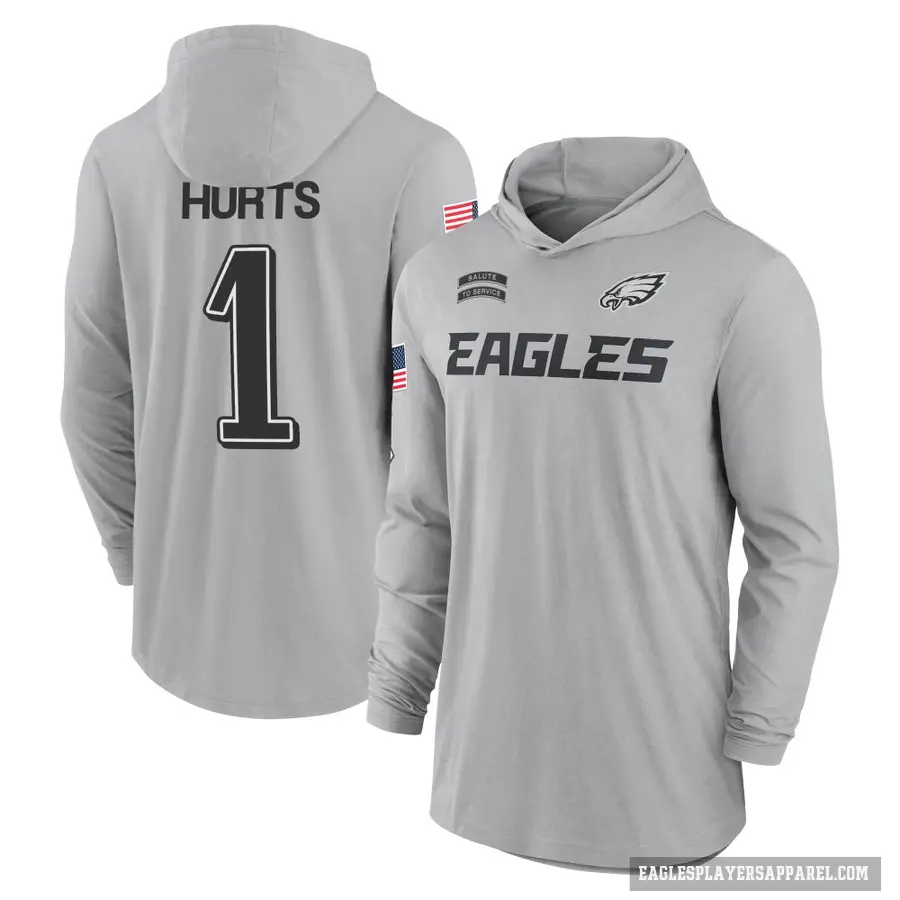 Men's ＃1 Jalen Hurts Philadelphia Eagles Gray 2024 Salute to Service Lightweight Performance Long Sleeve Hooded T-Shirt