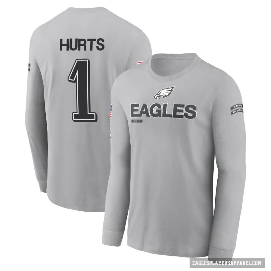 Men's ＃1 Jalen Hurts Philadelphia Eagles Gray 2024 Salute to Service Long Sleeve T-Shirt