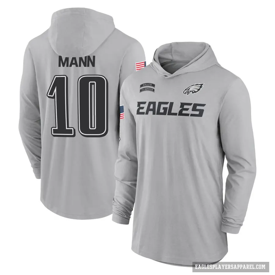 Men's ＃10 Braden Mann Philadelphia Eagles Gray 2024 Salute to Service Lightweight Performance Long Sleeve Hooded T-Shirt