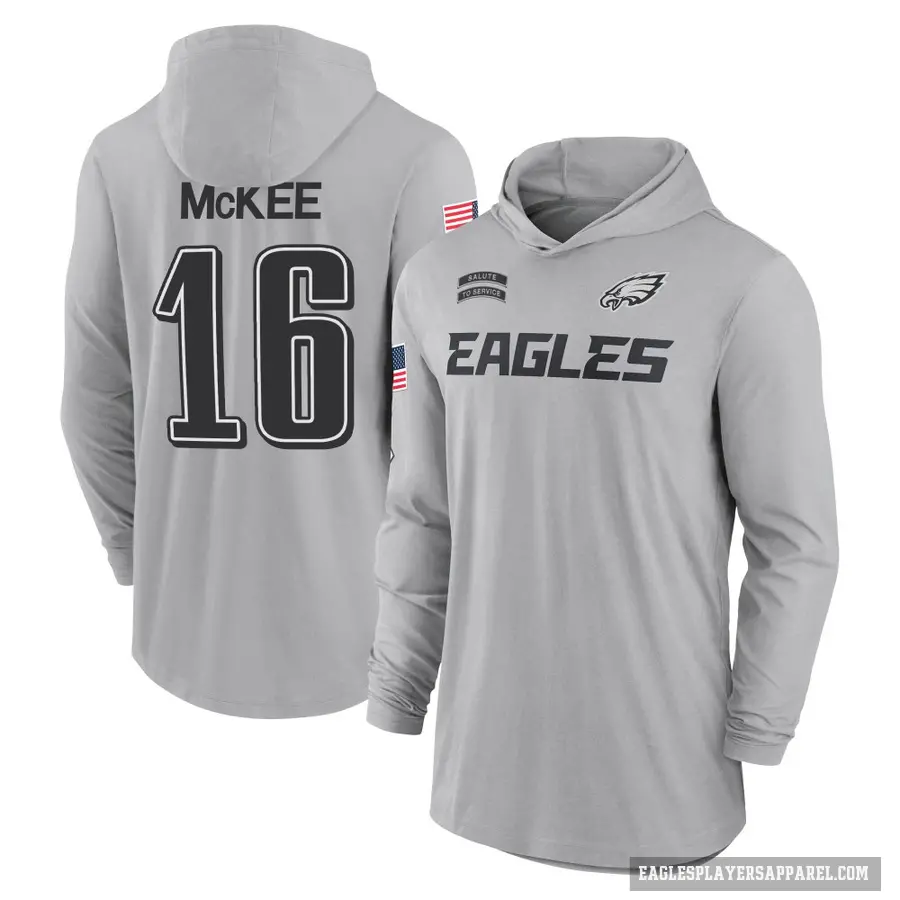Men's ＃16 Tanner McKee Philadelphia Eagles Gray 2024 Salute to Service Lightweight Performance Long Sleeve Hooded T-Shirt