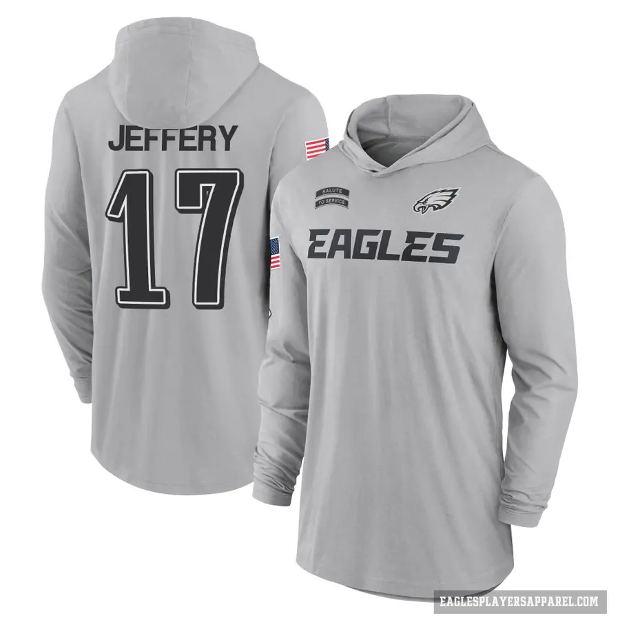 Men's ＃17 Alshon Jeffery Philadelphia Eagles Gray 2024 Salute to Service Lightweight Performance Long Sleeve Hooded T-Shirt