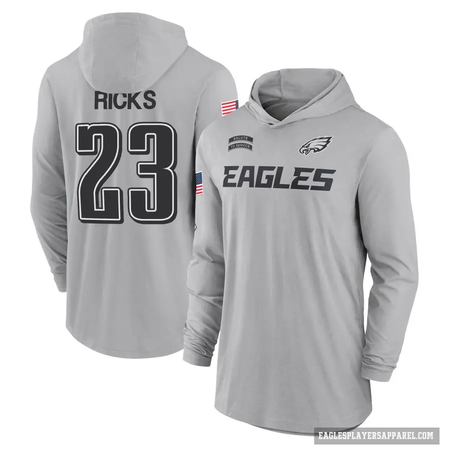 Men's ＃23 Eli Ricks Philadelphia Eagles Gray 2024 Salute to Service Lightweight Performance Long Sleeve Hooded T-Shirt