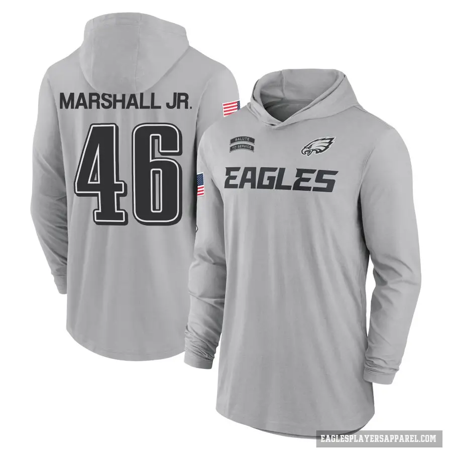 Men's ＃46 Terrace Marshall Jr. Philadelphia Eagles Gray 2024 Salute to Service Lightweight Performance Long Sleeve Hooded T-Shir