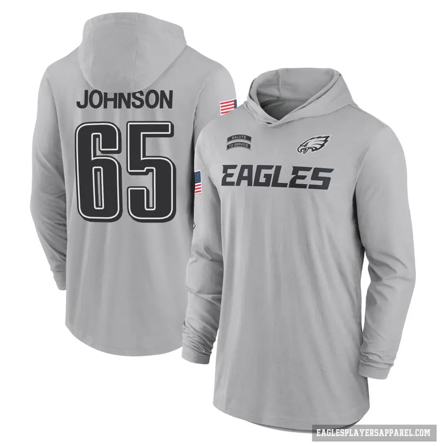 Men's ＃65 Lane Johnson Philadelphia Eagles Gray 2024 Salute to Service Lightweight Performance Long Sleeve Hooded T-Shirt