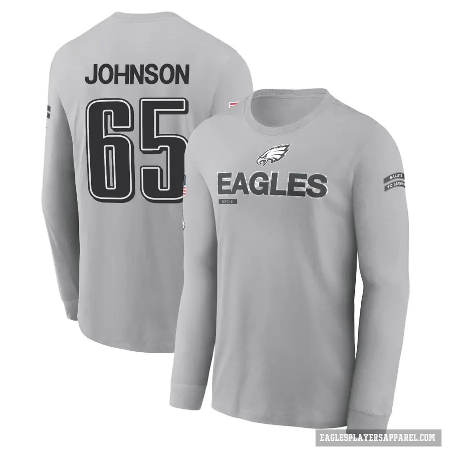 Men's ＃65 Lane Johnson Philadelphia Eagles Gray 2024 Salute to Service Long Sleeve T-Shirt