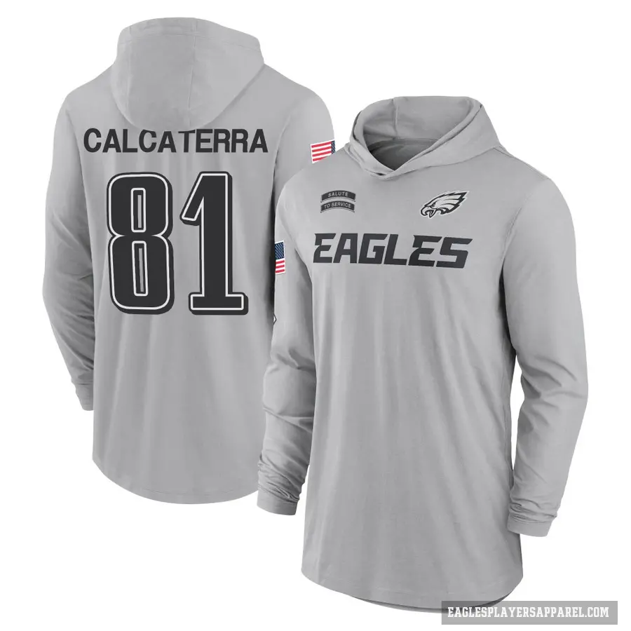 Men's ＃81 Grant Calcaterra Philadelphia Eagles Gray 2024 Salute to Service Lightweight Performance Long Sleeve Hooded T-Shirt