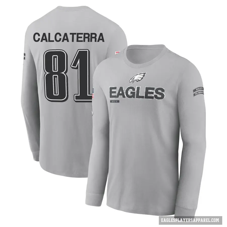 Men's ＃81 Grant Calcaterra Philadelphia Eagles Gray 2024 Salute to Service Long Sleeve T-Shirt