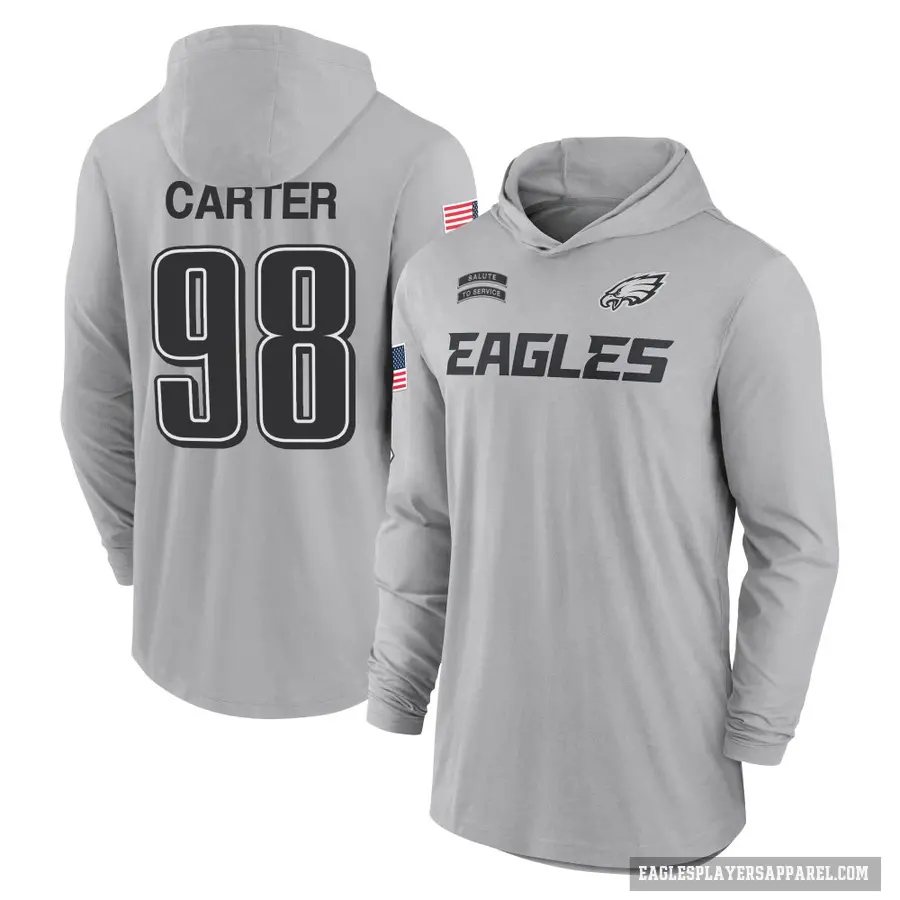 Men's ＃98 Jalen Carter Philadelphia Eagles Gray 2024 Salute to Service Lightweight Performance Long Sleeve Hooded T-Shirt