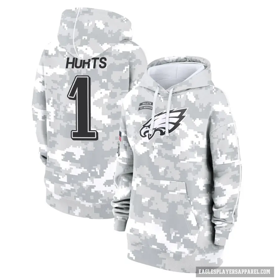 Women's ＃1 Jalen Hurts Philadelphia Eagles Arctic Camo 2024 Salute to Service Club Fleece Pullover Hoodie