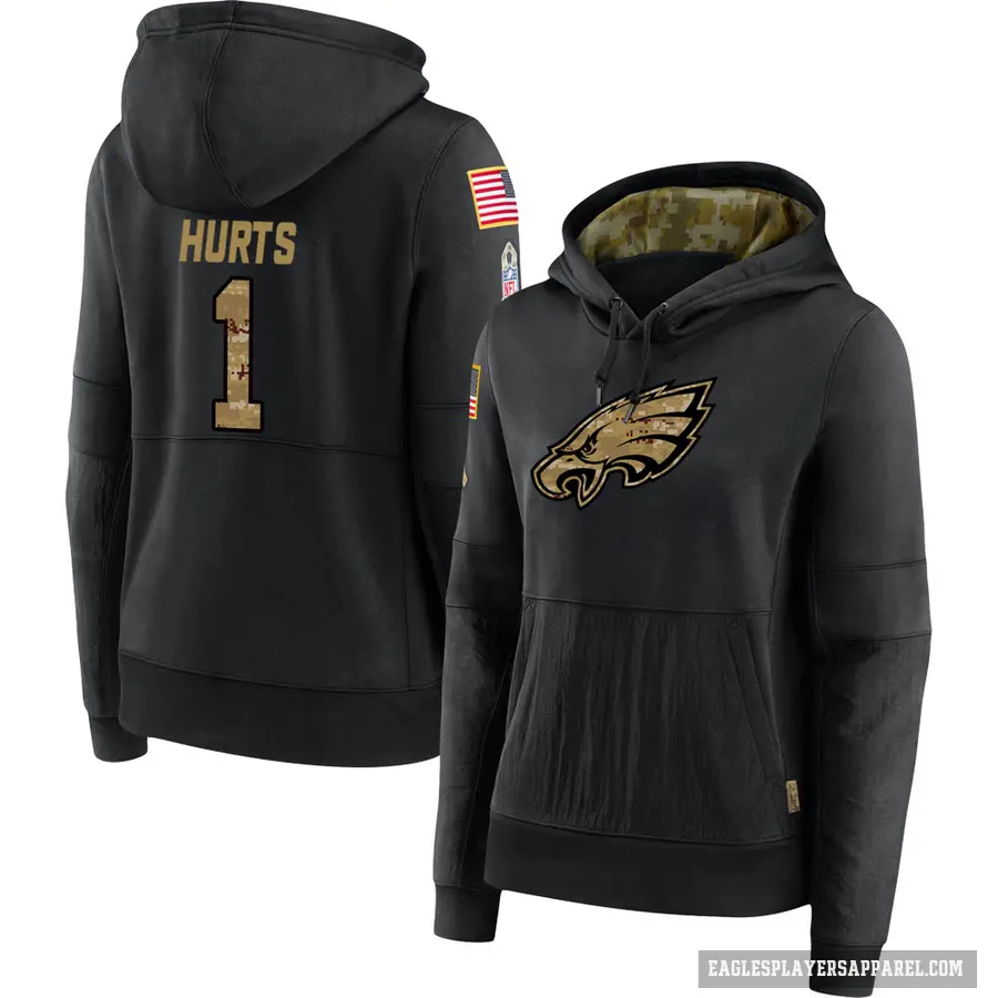 Women's ＃1 Jalen Hurts Philadelphia Eagles Black 2020 Salute to Service Sideline Performance Pullover Hoodie