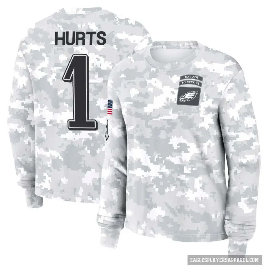 Women's ＃1 Jalen Hurts Philadelphia Eagles Camo Arctic 2024 Salute to Service Long Sleeve T-Shirt
