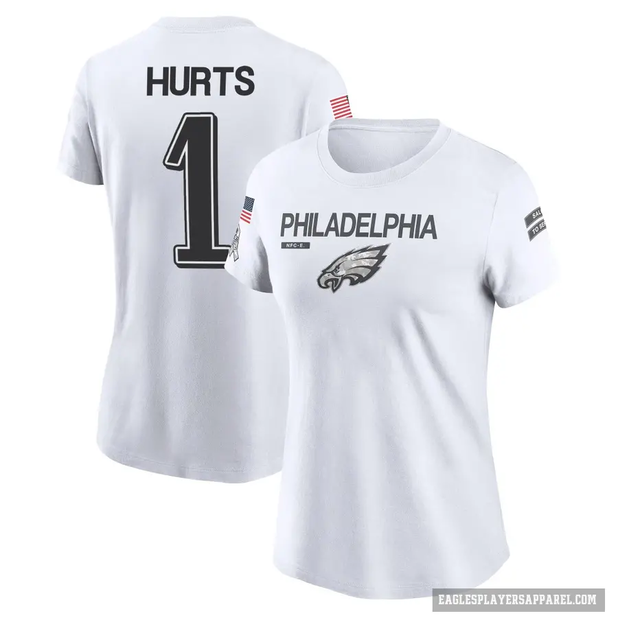 Women's ＃1 Jalen Hurts Philadelphia Eagles White 2024 Salute to Service Performance T-Shirt
