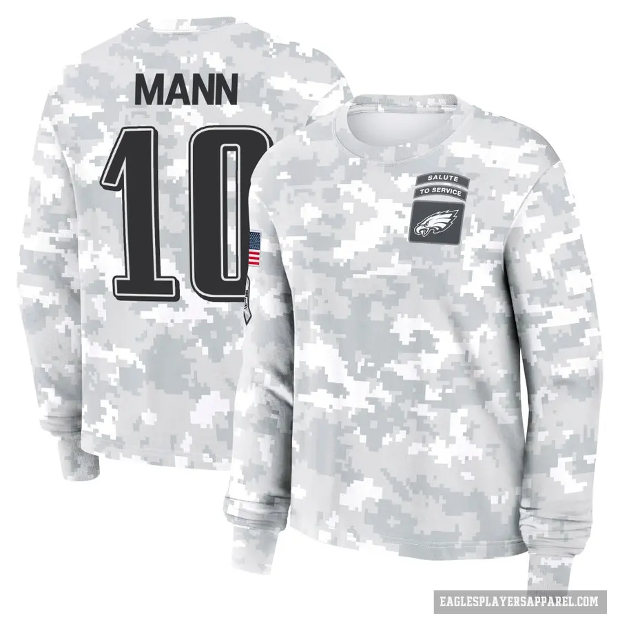 Women's ＃10 Braden Mann Philadelphia Eagles Camo Arctic 2024 Salute to Service Long Sleeve T-Shirt