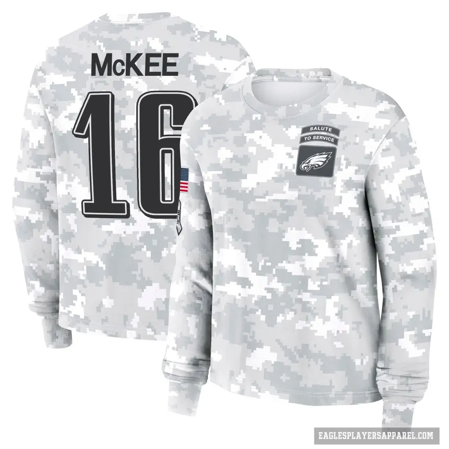 Women's ＃16 Tanner McKee Philadelphia Eagles Camo Arctic 2024 Salute to Service Long Sleeve T-Shirt