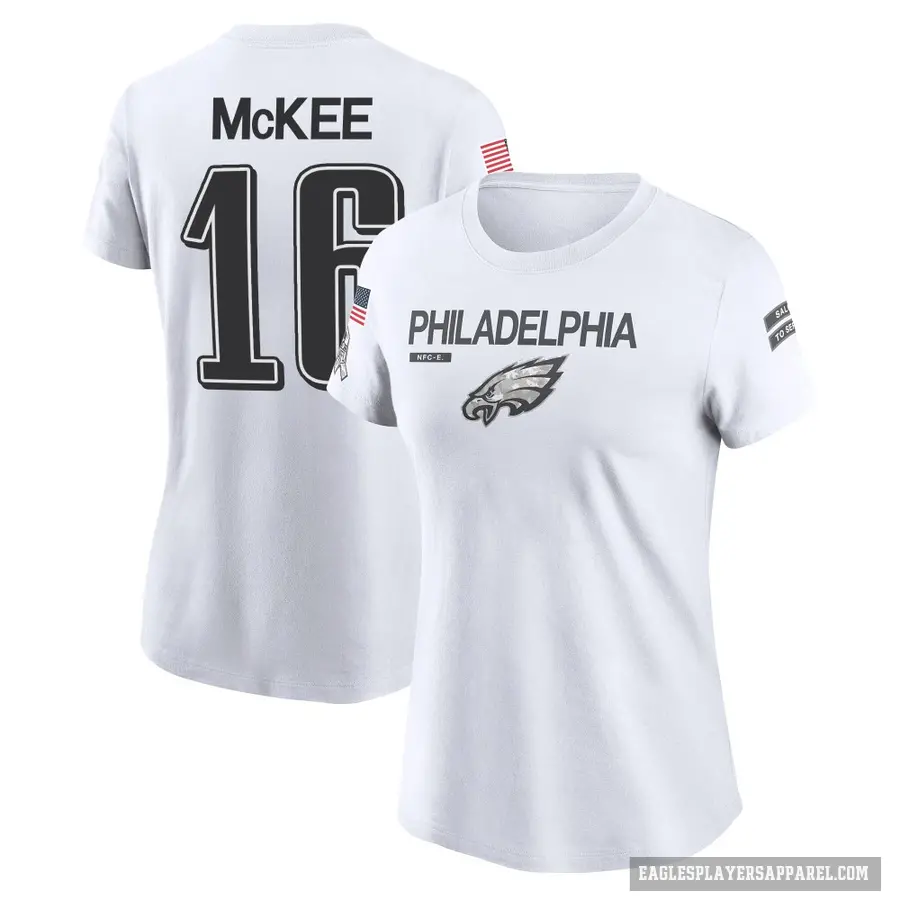 Women's ＃16 Tanner McKee Philadelphia Eagles White 2024 Salute to Service Performance T-Shirt