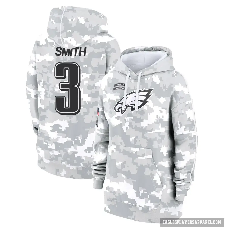 Women's ＃3 Nolan Smith Jr. Philadelphia Eagles Arctic Camo 2024 Salute to Service Club Fleece Pullover Hoodie