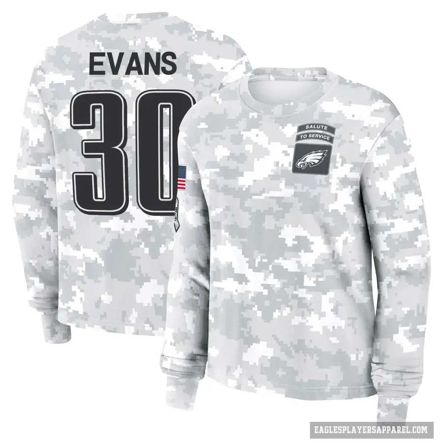 Women's ＃30 Justin Evans Philadelphia Eagles Camo Arctic 2024 Salute to Service Long Sleeve T-Shirt