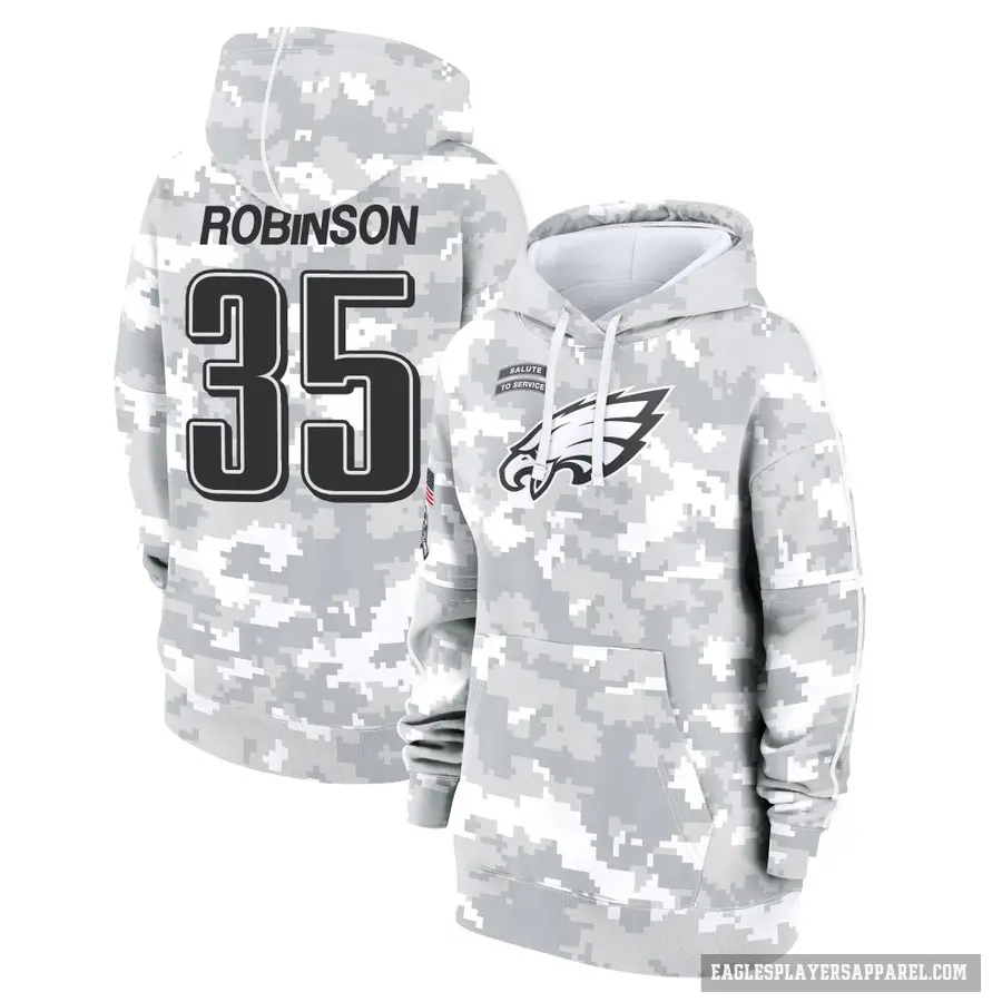 Women's ＃35 Keilan Robinson Philadelphia Eagles Arctic Camo 2024 Salute to Service Club Fleece Pullover Hoodie