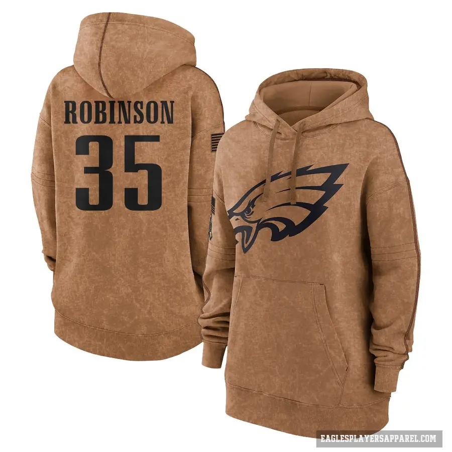 Women's ＃35 Keilan Robinson Philadelphia Eagles Brown 2023 Salute To Service Pullover Hoodie