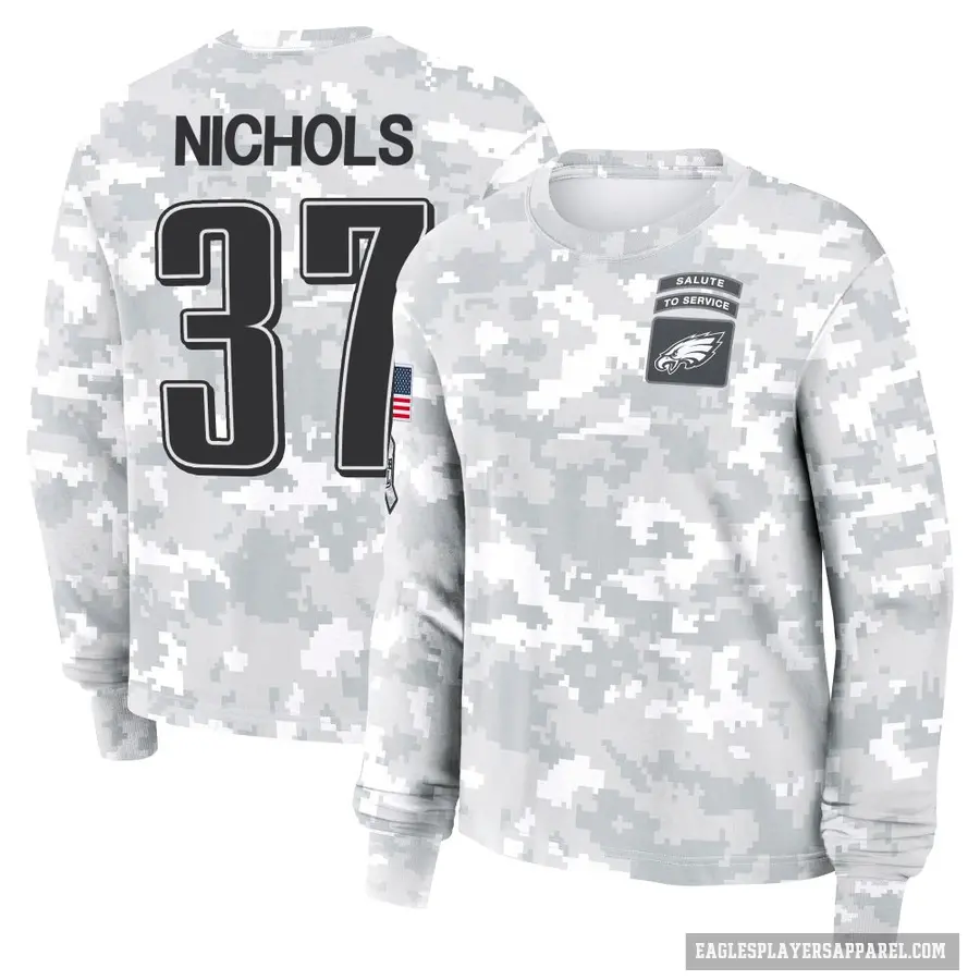 Women's ＃37 Lew Nichols Philadelphia Eagles Camo Arctic 2024 Salute to Service Long Sleeve T-Shirt