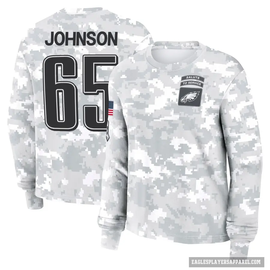 Women's ＃65 Lane Johnson Philadelphia Eagles Camo Arctic 2024 Salute to Service Long Sleeve T-Shirt
