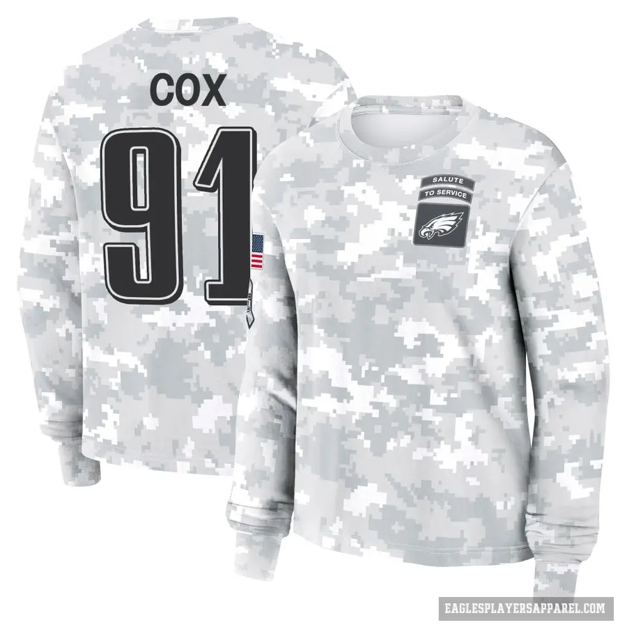 Women's ＃91 Fletcher Cox Philadelphia Eagles Camo Arctic 2024 Salute to Service Long Sleeve T-Shirt