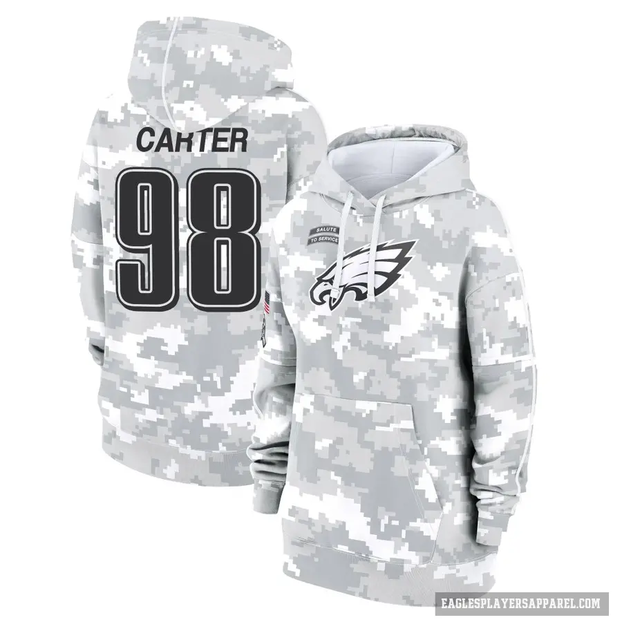 Women's ＃98 Jalen Carter Philadelphia Eagles Arctic Camo 2024 Salute to Service Club Fleece Pullover Hoodie