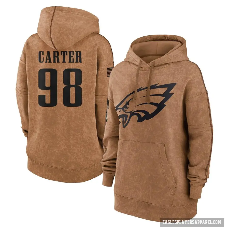 Women's ＃98 Jalen Carter Philadelphia Eagles Brown 2023 Salute To Service Pullover Hoodie