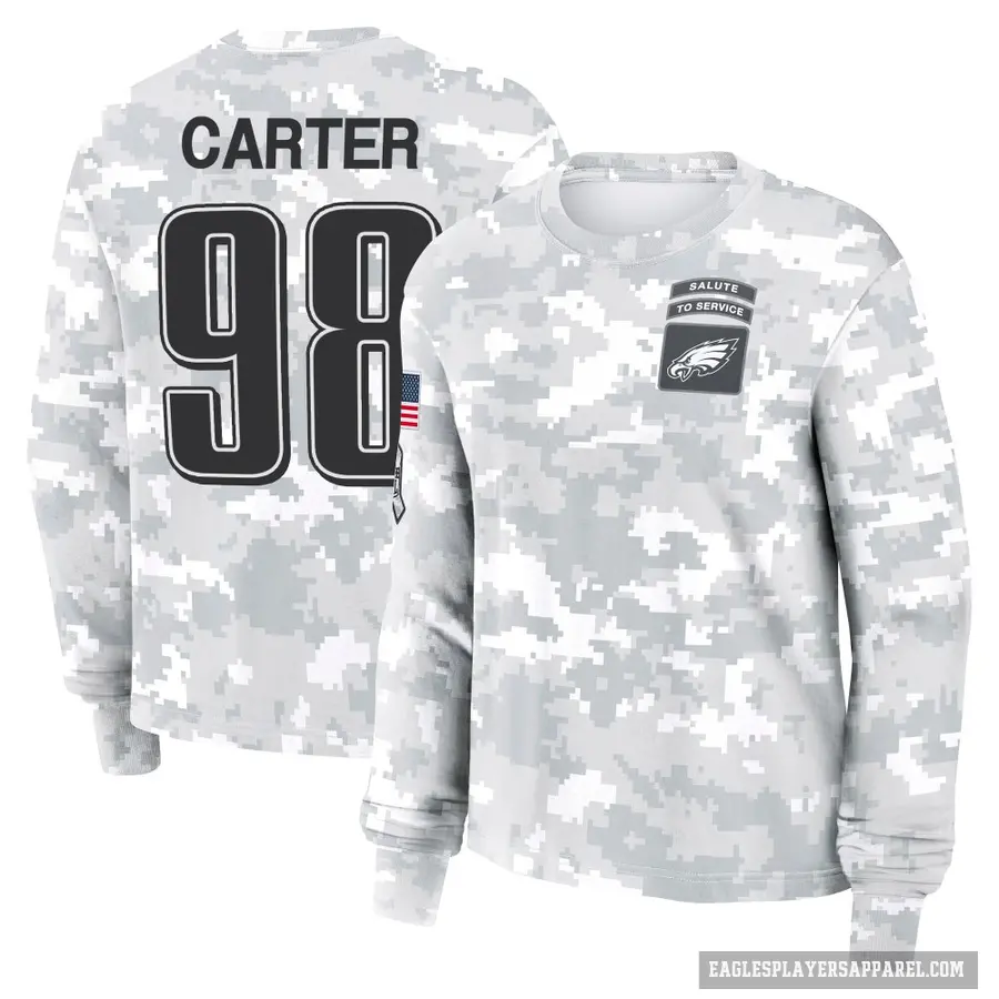 Women's ＃98 Jalen Carter Philadelphia Eagles Camo Arctic 2024 Salute to Service Long Sleeve T-Shirt