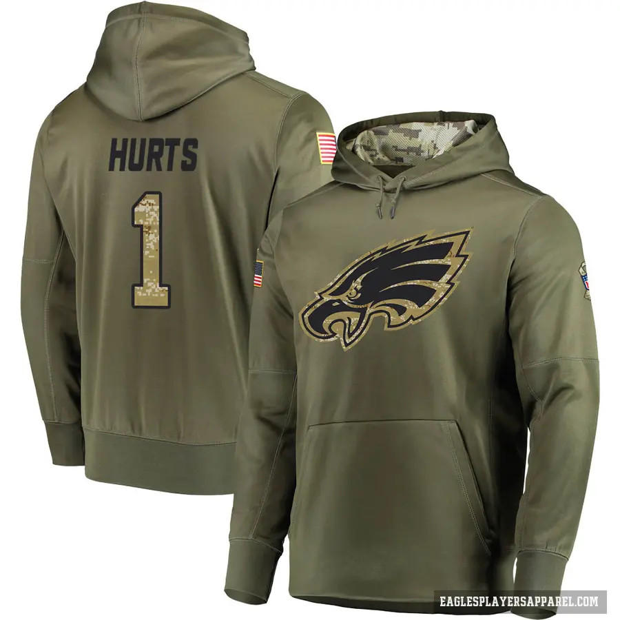 Youth ＃1 Jalen Hurts Philadelphia Eagles Olive Salute to Service Pullover Hoodie