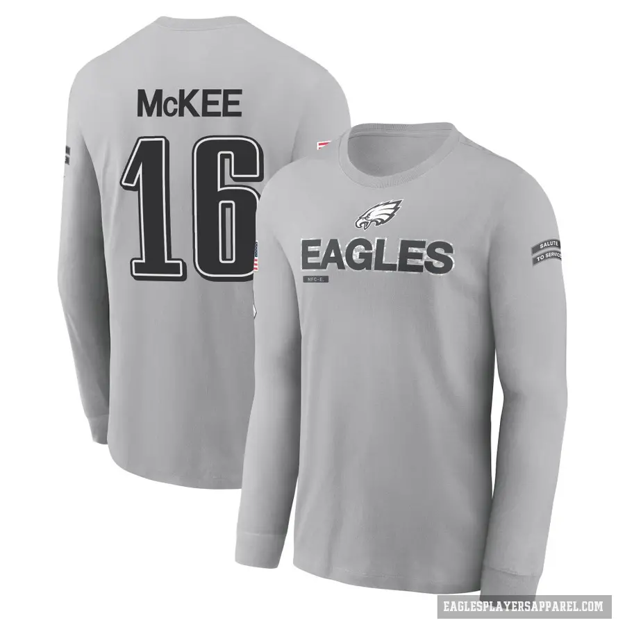 Youth ＃16 Tanner McKee Philadelphia Eagles Gray 2024 Salute to Service Long Sleeve T-Shirt