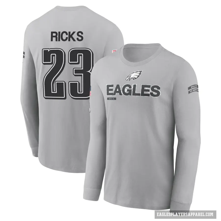 Youth ＃23 Eli Ricks Philadelphia Eagles Gray 2024 Salute to Service Long Sleeve T-Shirt