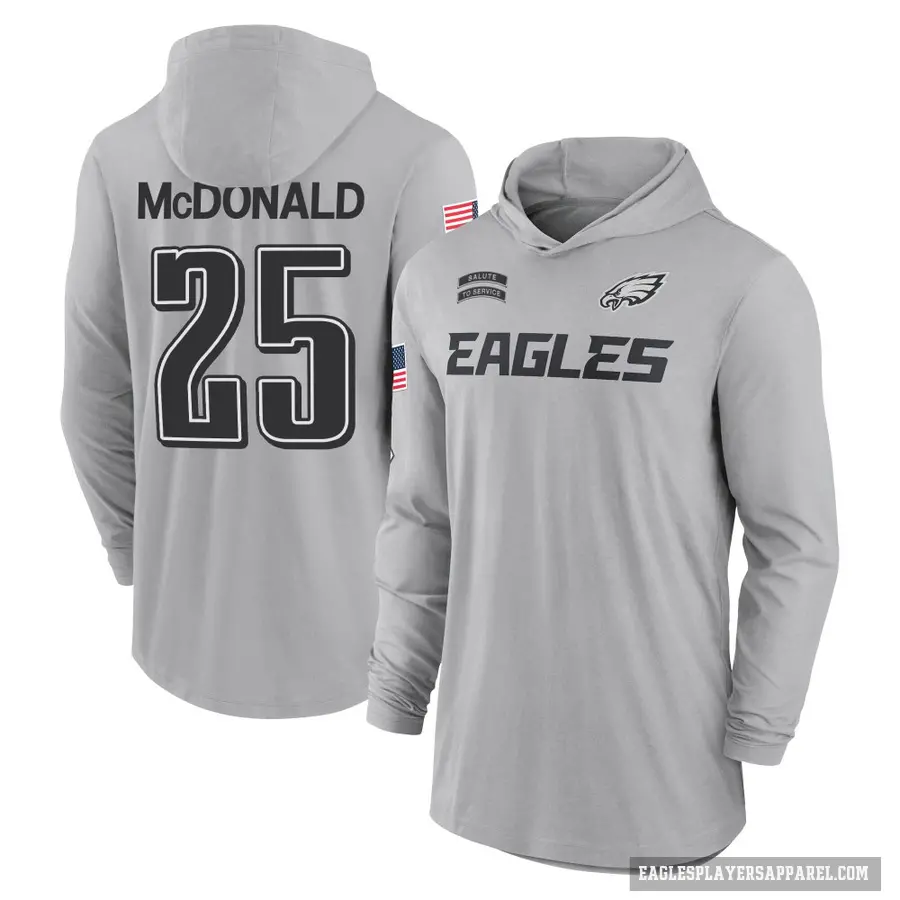Youth ＃25 Tommy McDonald Philadelphia Eagles Gray 2024 Salute to Service Lightweight Performance Long Sleeve Hooded T-Shirt