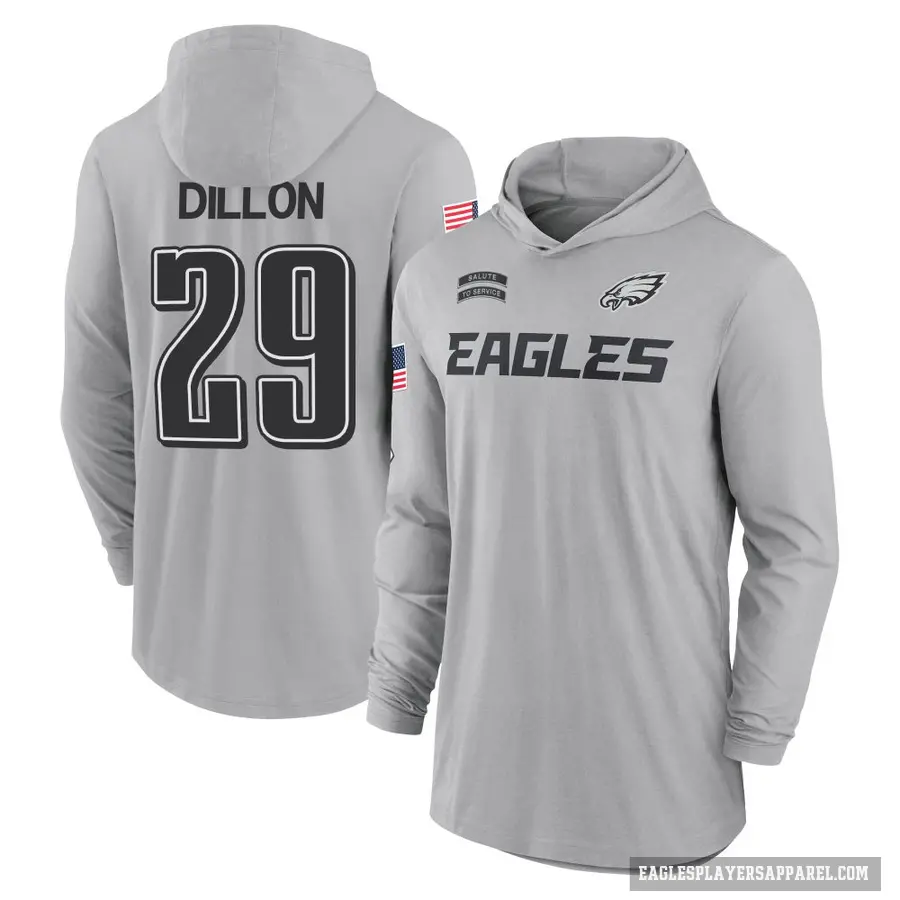 Youth ＃29 AJ Dillon Philadelphia Eagles Gray 2024 Salute to Service Lightweight Performance Long Sleeve Hooded T-Shirt
