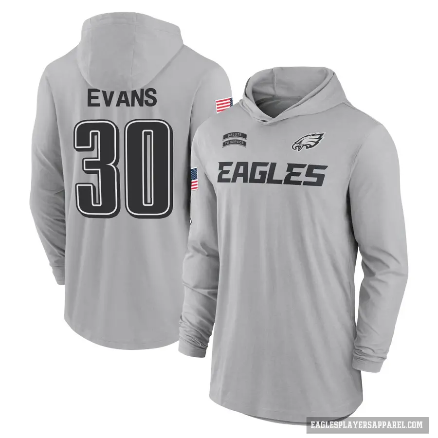 Youth ＃30 Justin Evans Philadelphia Eagles Gray 2024 Salute to Service Lightweight Performance Long Sleeve Hooded T-Shirt