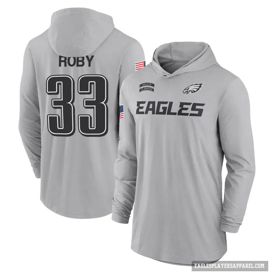 Youth ＃33 Bradley Roby Philadelphia Eagles Gray 2024 Salute to Service Lightweight Performance Long Sleeve Hooded T-Shirt