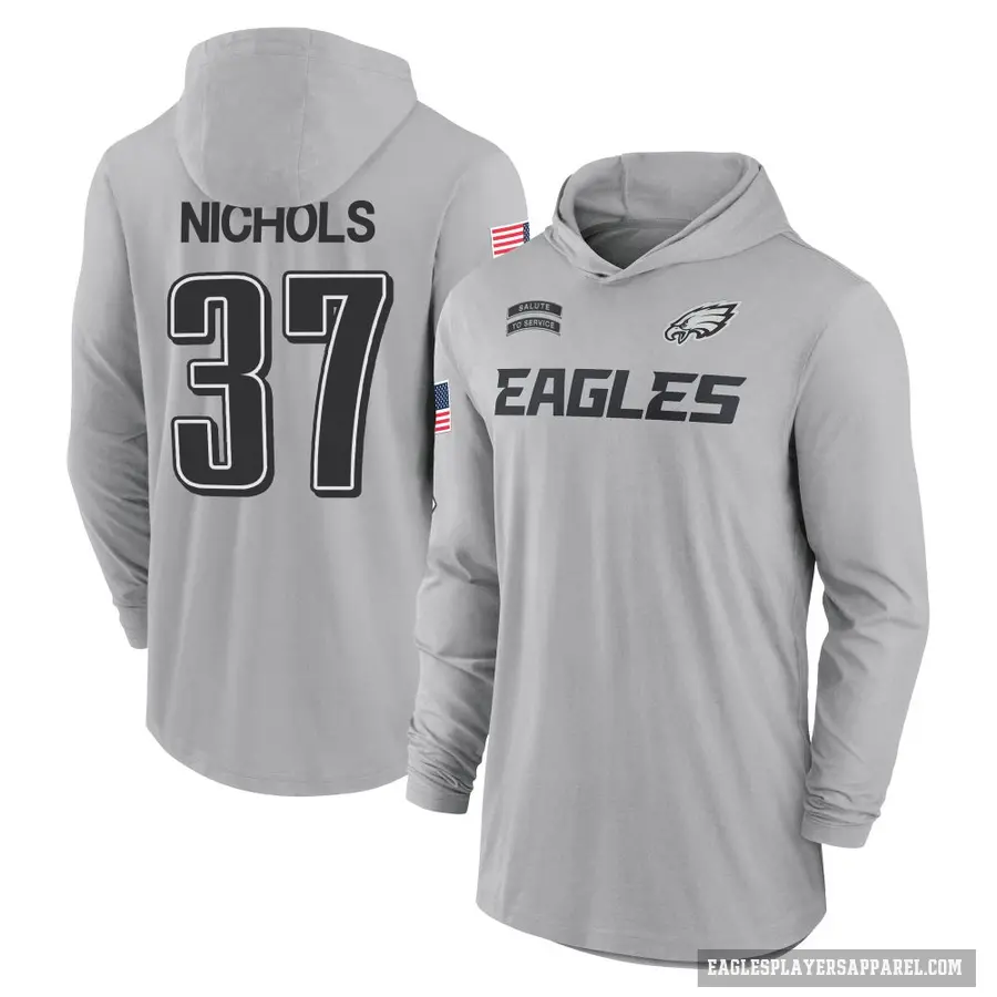 Youth ＃37 Lew Nichols Philadelphia Eagles Gray 2024 Salute to Service Lightweight Performance Long Sleeve Hooded T-Shirt