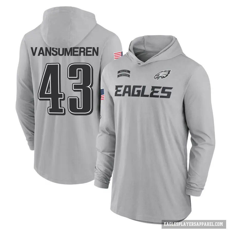Youth ＃43 Ben VanSumeren Philadelphia Eagles Gray 2024 Salute to Service Lightweight Performance Long Sleeve Hooded T-Shirt