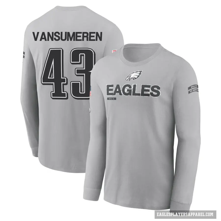 Youth ＃43 Ben VanSumeren Philadelphia Eagles Gray 2024 Salute to Service Long Sleeve T-Shirt