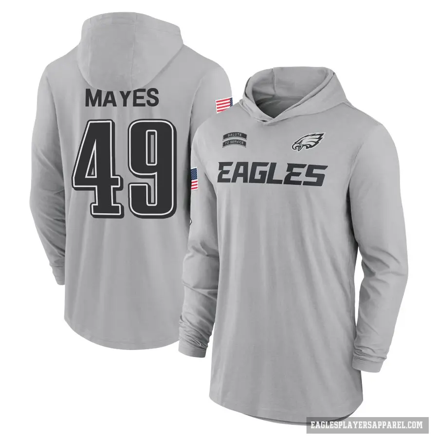 Youth ＃49 BJ Mayes Philadelphia Eagles Gray 2024 Salute to Service Lightweight Performance Long Sleeve Hooded T-Shirt