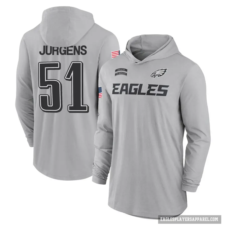 Youth ＃51 Cam Jurgens Philadelphia Eagles Gray 2024 Salute to Service Lightweight Performance Long Sleeve Hooded T-Shirt