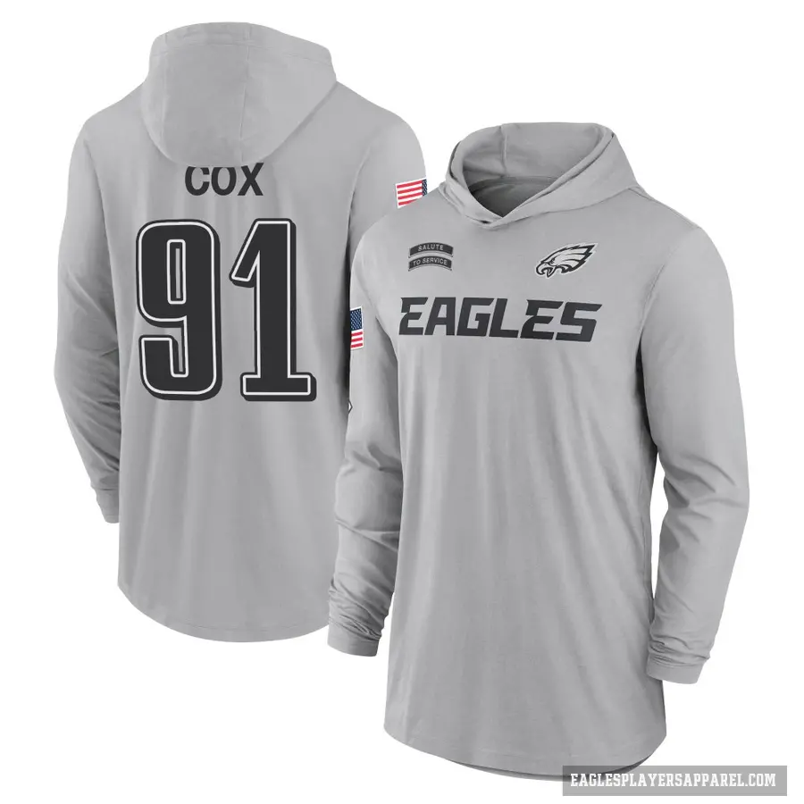 Youth ＃91 Fletcher Cox Philadelphia Eagles Gray 2024 Salute to Service Lightweight Performance Long Sleeve Hooded T-Shirt