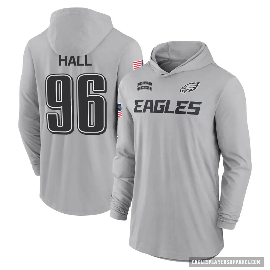 Youth ＃96 Gabe Hall Philadelphia Eagles Gray 2024 Salute to Service Lightweight Performance Long Sleeve Hooded T-Shirt