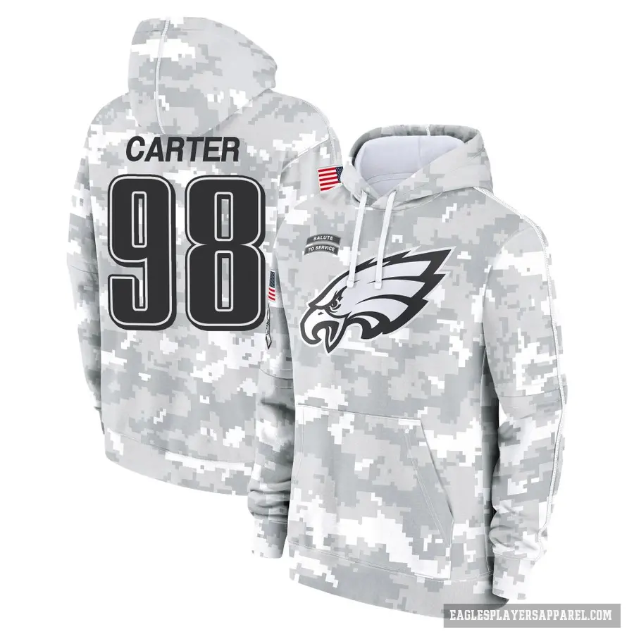 Youth ＃98 Jalen Carter Philadelphia Eagles Arctic Camo 2024 Salute to Service Club Fleece Pullover Hoodie