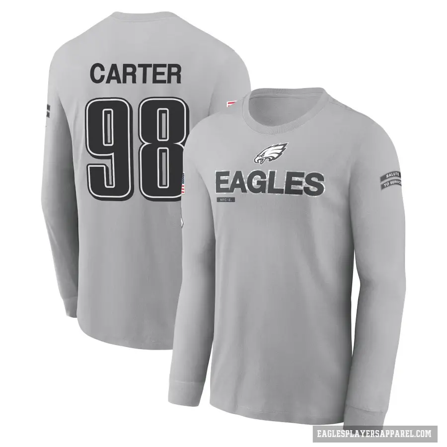 Youth ＃98 Jalen Carter Philadelphia Eagles Gray 2024 Salute to Service Long Sleeve T-Shirt
